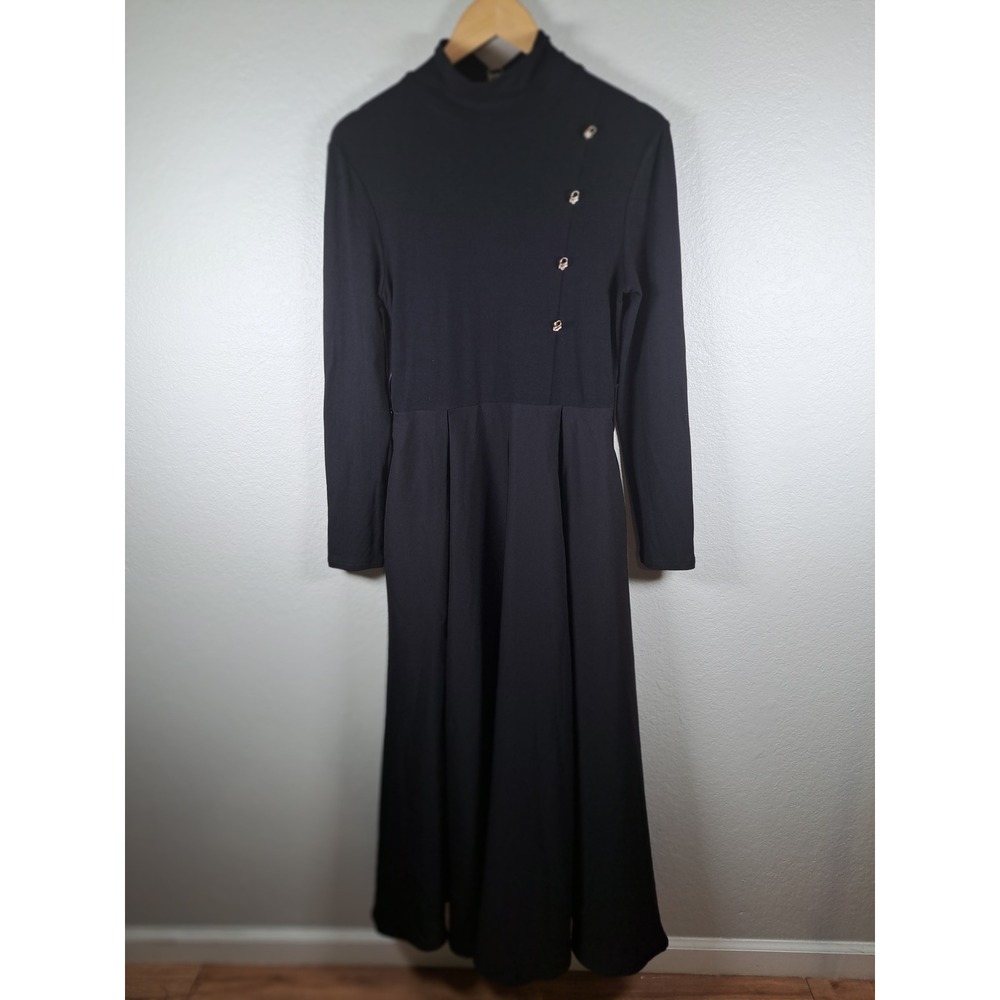 Modesees Black Mock Neck Asymmetrical Button Long Sleeve Maxi Dress Small NWT